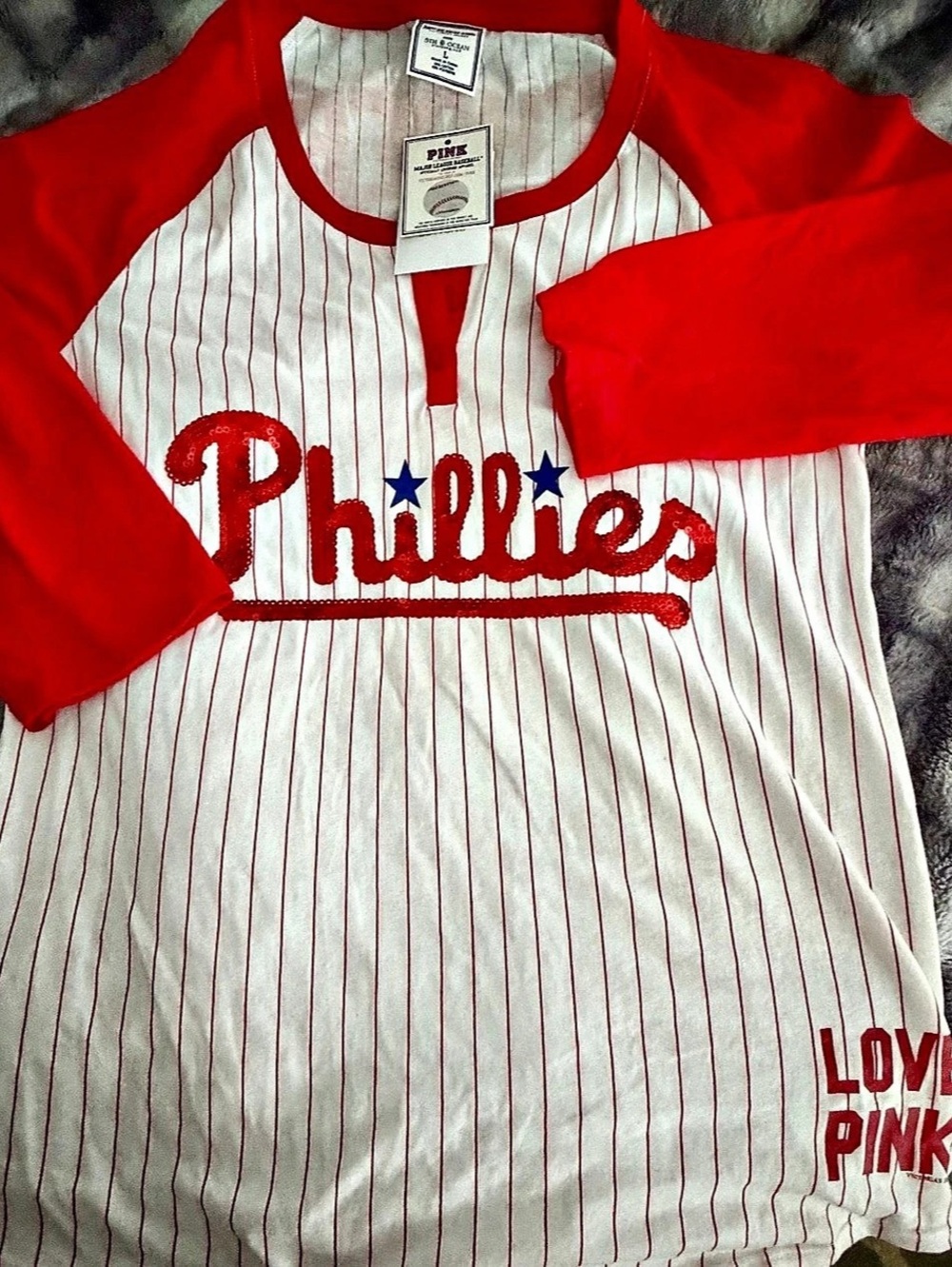 PINK 5th & Ocean MLB Philadelphia Phillies Baseball Jersey Striped Baseball